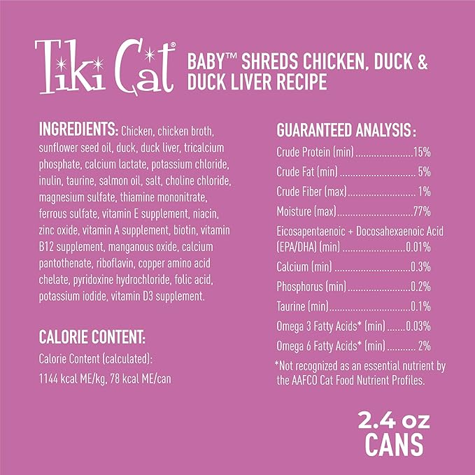 Tiki Cat Baby, Chicken Duck & Duck Liver Mousse & Shreds, High-Protein and Flavorful, Wet Cat Food for Kittens 4 Weeks Plus, 2.4 oz. Cans (Pack of 12)