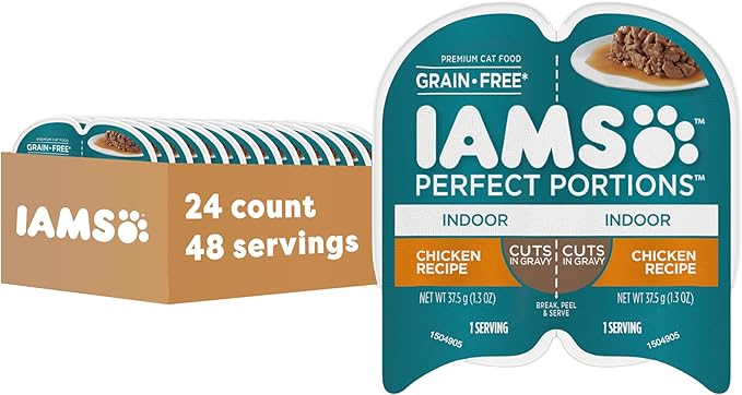 IAMS Perfect Portions Indoor Adult Wet Cat Food Cuts in Gravy, Chicken Recipe, 2.6 oz. Easy Peel Twin-Pack Trays (24 Count, 48 Servings)