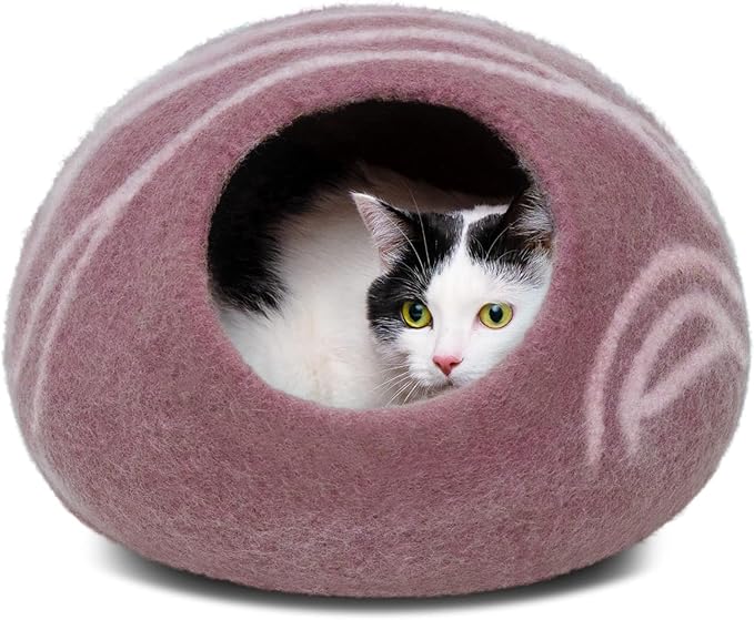 MEOWFIA Cat Cave – Premium Felt Cat Bed for Indoor Cats, Handmade 100% Merino Wool (Light Shades) (Large, Pink)