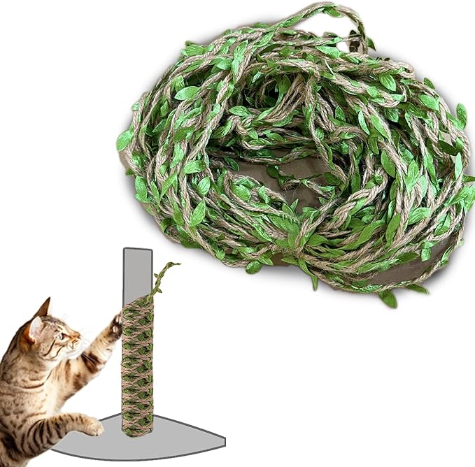 Hemp Rope for Cat Scratch Post Tree Replacement - Cat Scratcher Accessories with Artificial Leaves/Home Vine Ribbon Decoration for Art & Crafts