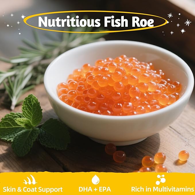 Just Try 8 OZ Fish Roe Freeze Dried Cat & Dog Food Toppers Mixers Grain Free Cat Treats for Indoor Cats Low Calorie Real Chicken Egg Yolk Omega 3 Supports Skin & Coat Health