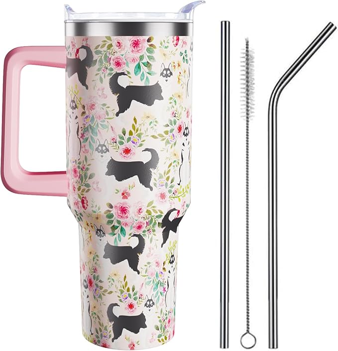 Husky Gifts for Women Dog Lovers 40 oz Floral Husky Tumblers with Handle and Straw, Stainless Steel Vacuum Insulated Travel Coffee Mug Cup Water Bottle