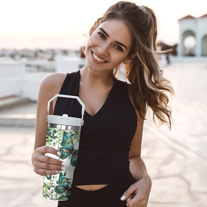 30 Oz Butterfly Tumbler with Handle and Straw, Butterfly Tumbler with Lid and Straw, Double Wall Stainless Steel Butterfly Cup, 30 Oz Butterfly Water Bottle and Butterfly Mugs for Women Gifts