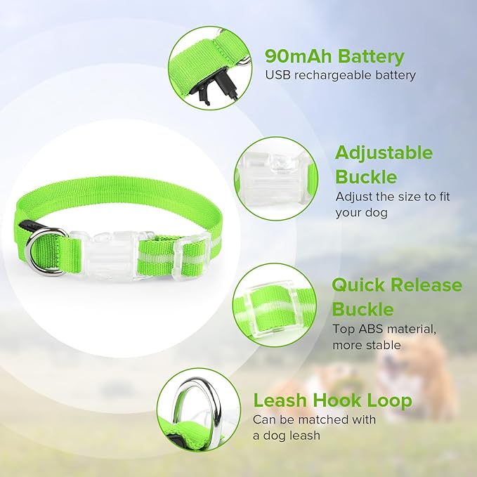 Light Up Dog Collar, Adjustable USB Rechargeable Glow in Dark Dog Collar ,Waterproof Dog Collars for Small Dogs (Green, Small)