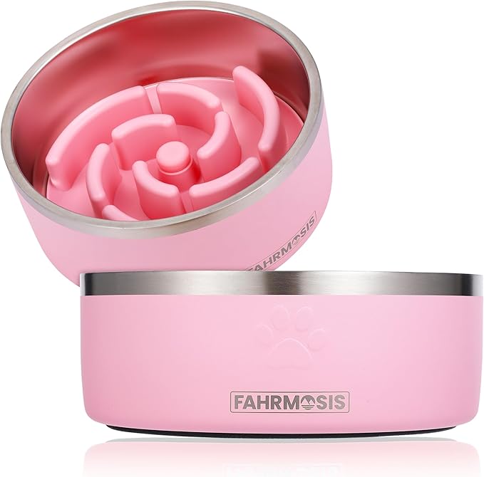 32 Oz Dog Bowl with Slow Feeder Insert Stainless Steel Pet Water Bowl for Medium & Large Breed Non Slip Rubber Base & Plastic Puzzle Feeder - Pink