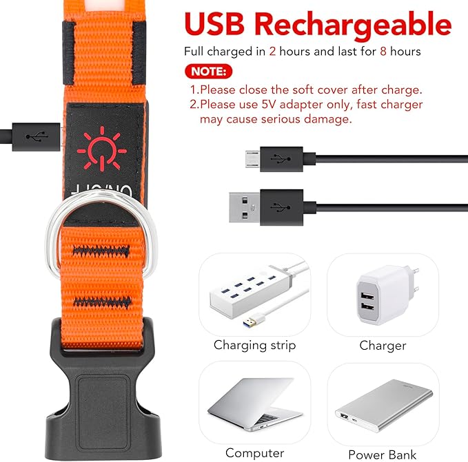 Vizpet LED Dog Collar, Light Up Dog Collar Adjustable USB Rechargeable Super Bright Safety Light Glowing Collars for Dogs(X-Large,Orange)