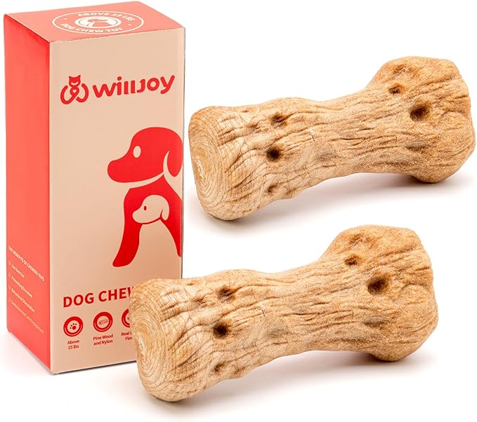 Willjoy 2-Pack Dog Chew Toys for Aggressive Chewers, Pine Wood & Tough Nylon, Bone Shaped Indestructible Dog Toy, Natural Looking Grooves & Textured, Bacon Flavor Large Dog Toys to Keep Them Busy