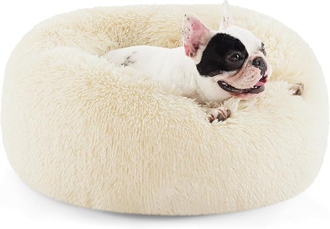 Bedsure Calming Dog Bed for Small Medium Dogs - Donut Washable Medium Pet Bed, 27 inches Anti-Slip Round Fluffy Plush Faux Fur Cat Bed, Cream