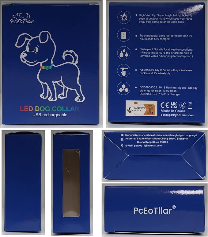 Pceotllar Light Up Dog Collar, Rechargeable Led with Automatic 7-Color Changes, Water Resistant for Night Walking, Bright Glow Collar (Blue, S)