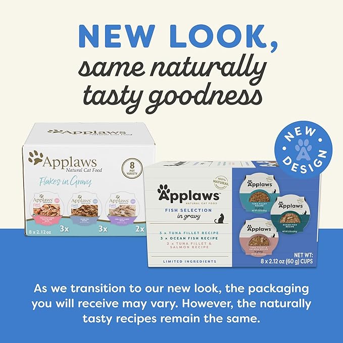 Applaws Natural Wet Cat Food in Gravy, Limited Ingredient, Grain-Free, No Artificial Cat Food Cups, Fish Selection in Gravy (8x 2.12 oz Cups)
