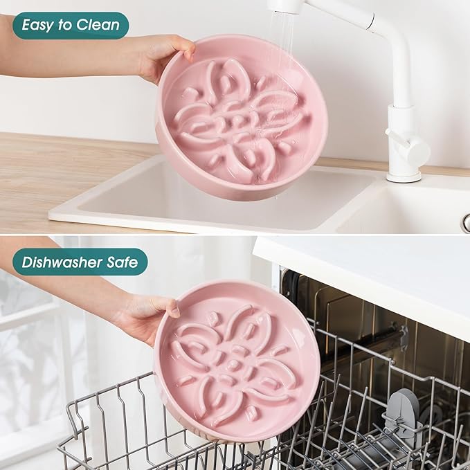 vancasso Ceramic Slow Feeder Dog Bowls, Puzzle Dog Food Bowls with Floral Maze, Anti -Slip Pet Food Dish for Large Breed, 3 Cups, Pink