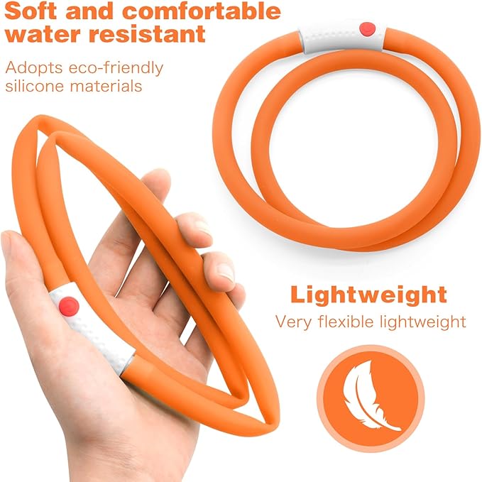 HIGO LED Dog Collar, Rechargeable Light Up Dog Collars, Lightweight Silicone Pet Safety Collar Lights for Night Walking (Orange-Silicone)