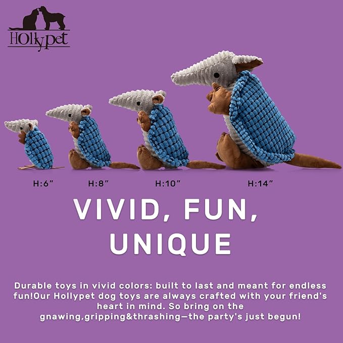 Hollypet Plush Dog Squeaky Toy Stuffed Armadillo Animal Pet Puppy Chew Toys with Clean Teeth for Small Medium Large All Breed Sizes Dogs, Blue, 10 in