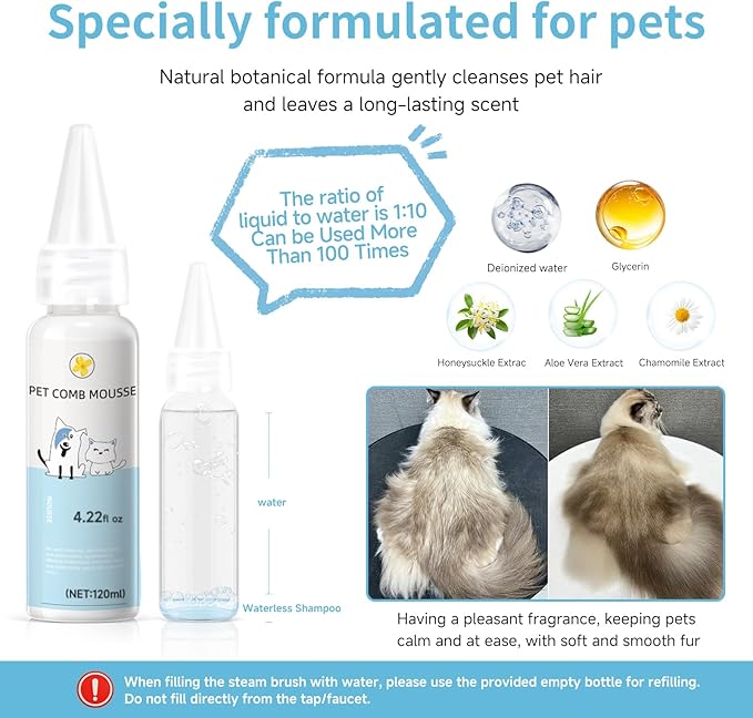 Pet Steam Brush Spray Refill for Dogs & Cats – Pets Waterless Shampoo, 3-in-1 Grooming Spray Comb Mist, 2*Shampoo(Steam Brush not Included)