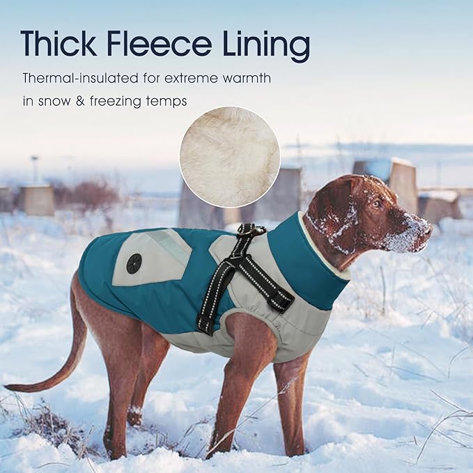 IECOii Dog Winter Coat with Harness Built in, Waterproof Windproof Dog Coats for Large Dogs, Thermal Fleece Cold Weather Jackets with Zip, Outdoor Warm Snow Jacket Reflective, Turquoise Green, XL