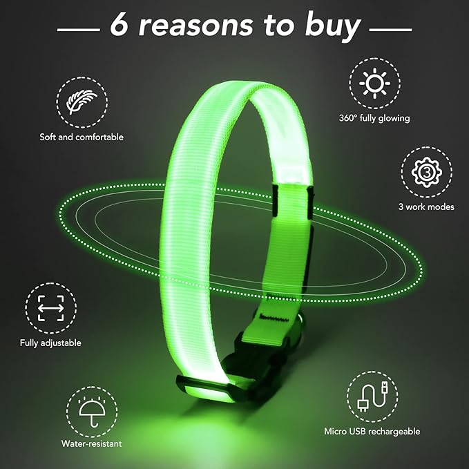 Led Dog Collar - Adjustable, Rechargeable, Waterproof, Glows in Dark for Medium Large Dogs