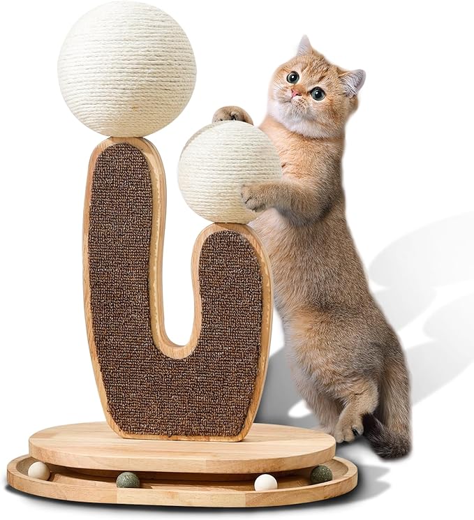 Cactus-Shaped Cat Scratching Post with Cat Scratcher, Interactive Toy Balls, Handmade with Natural Materials, Cute Cat Scratching Post, Easy-to-Clean Cat Furniture