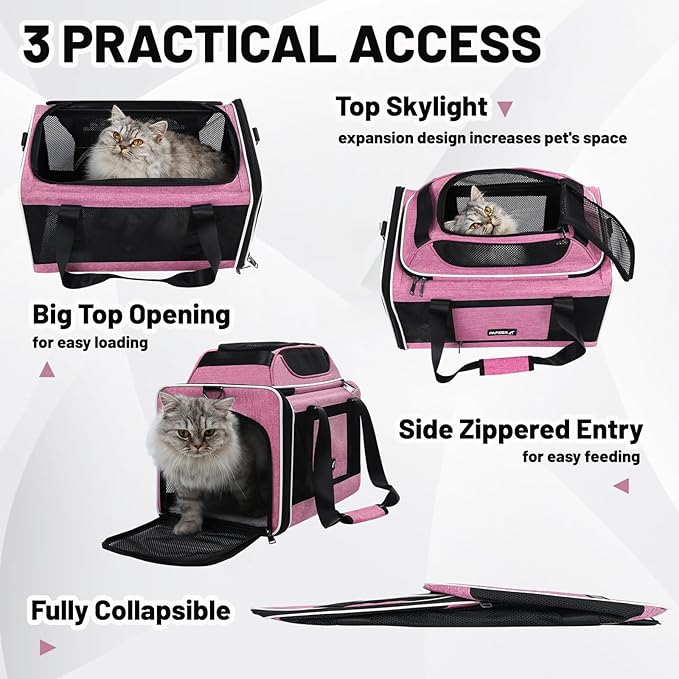 Top-Expandable Cat Carrier 18x11x11, United Delta American Airline Approved Dog Travel Carrier, Soft-Sided Pet Carry Bag Under-Seat in Cabin, Puppy Airplane Crate TSA Plane Kitten Cage Pink