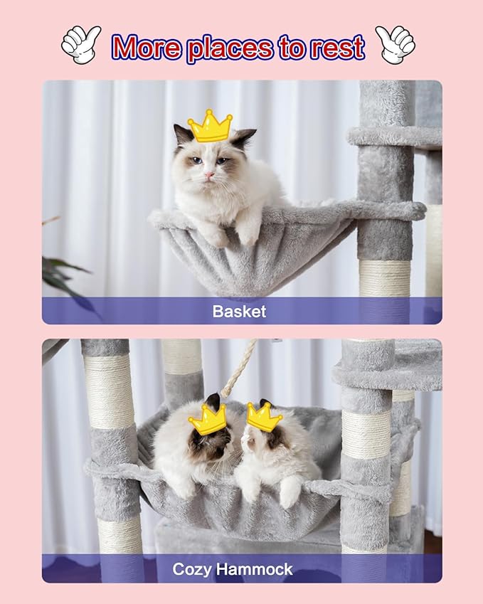 Cat Tree for Indoor Cats Large Adult, 74" Cat Tower with 3 Big Platforms, 2 Baskets, 2 Condos, Multi-Level Cat Scratching Posts, Light Gray GCT030W