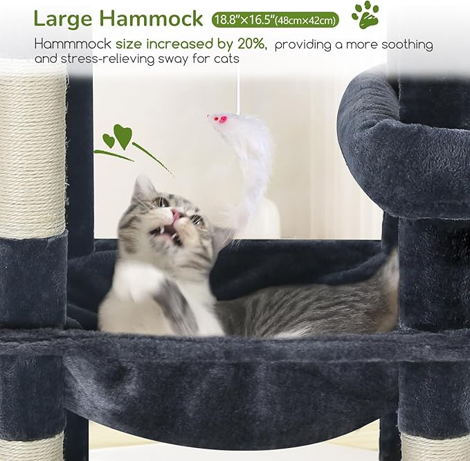 Globlazer Extra Large Platform Cat Tree, 65in Sturdy Cat Scratching Tree for Indoor Cats Large Adult, Big Cat Perch Tower with 3 Padded Perches, 6 Scratching Posts, Cat Condo, Hammock, S65, Dark Grey