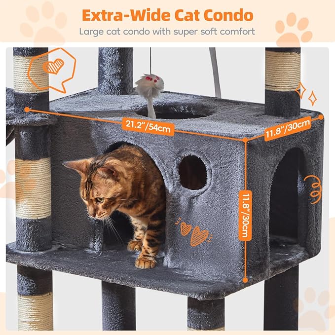 Taoqimiao Large Cat Tree,73-Inch Cat Tree Tower with 9 Scratching Posts for Indoor Cats, 2 Large Cat Condo with Hammock, Hanging Basket, 2 Extended Platform, Smoky Gray MS013XLG