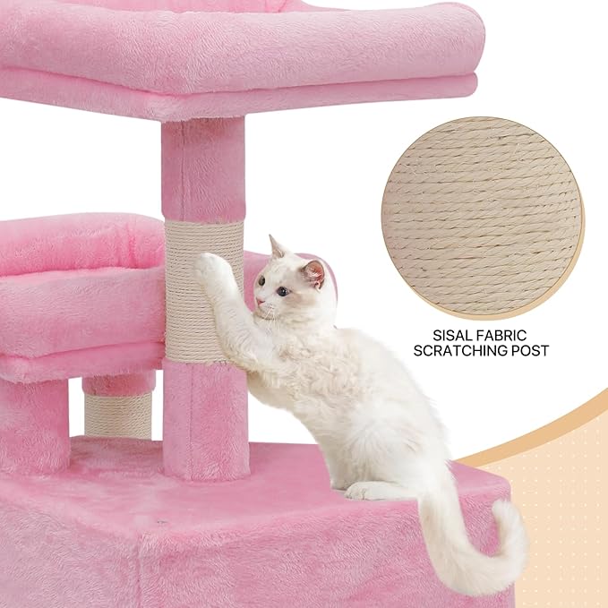 MoNiBloom 58 Inch Cat Tree Tower for Indoor Cats Large Adults, Pink Cat Tower with Scratching Post & Hammock, Pet Play House with Cat Condo, Soft Pink