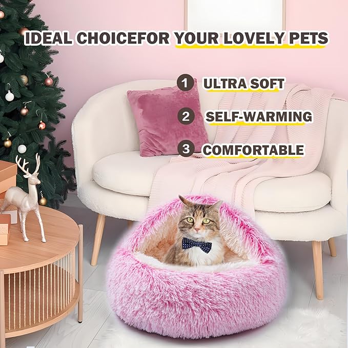 Cat Bed Calming Cat Beds,Indoor Washable Cat Bed,Anti-Slip Faux Fur Fluffy Cuddler Anxiety Cat Bed,Warming Cuddler Cushion Bed for Small Medium Dogs and Cats (Gradient Pink, 24 * 24inch)