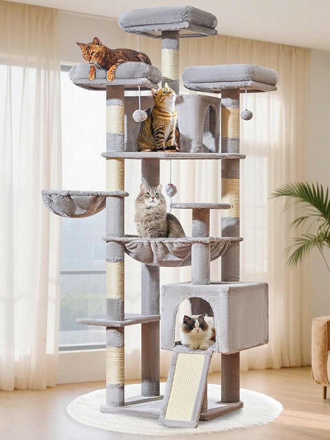 Taoqimiao 76-Inch Cat Tree with Scratching Posts,XXL Cat Tower for Large Cats with Cat Scratching Board,Extra-Large Metal Hammock,3 Perches, 2 Big Condos, Hanging Basket,MS047W,Light Gray