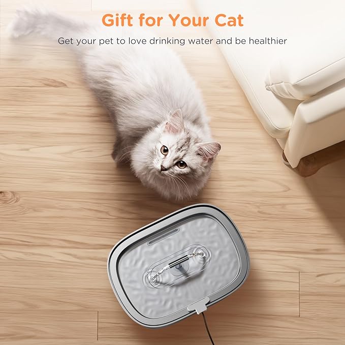 Cat Water Fountain Stainless Steel: 3.2L/108oz Pet Foundatin Water Bowl for Cats Inside Automatic Dog Drinking Dispenser Dish Animal Feeding & Watering Supplies Waterfall with 1 Replacement Filter