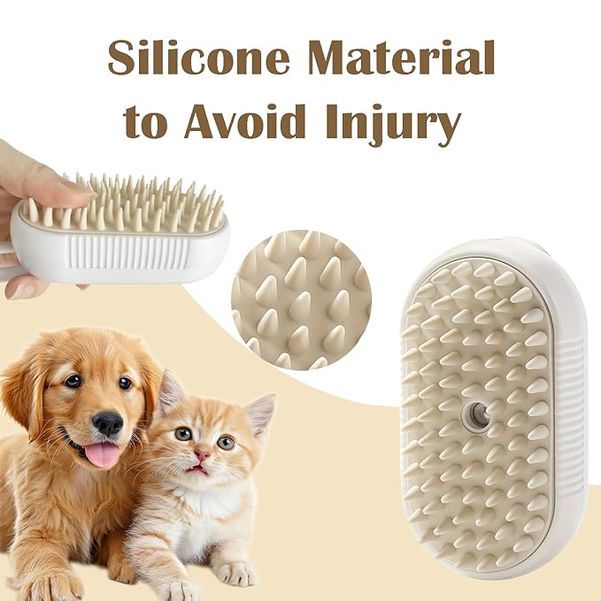 Rechargeable Pet Steam Brush for Cats & Dogs, Self-Cleaning Hair Brush for Shedding, Rotating Handle Cat & Dog Grooming Tool for Long & Short Hair- White