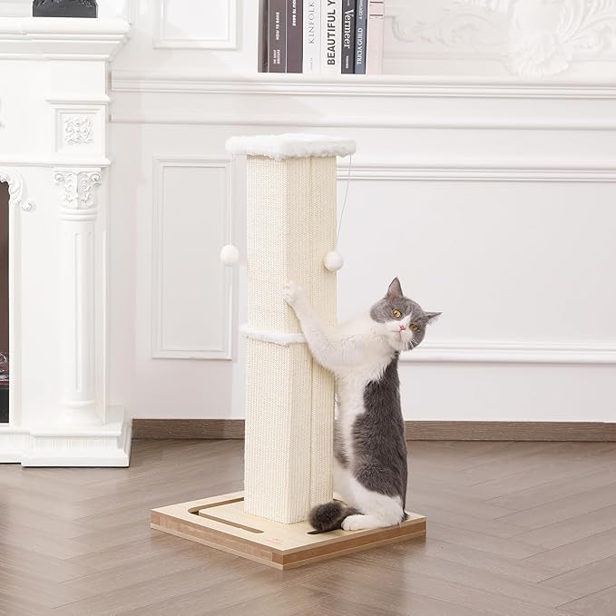 Cat Scratching Post, 32 Inches Large Cat Scratch Post for Adult Cats and Kittens, Nature Sisal,Wooden Base with Toy Balls, Modern Cat Scratcher for Indoor Cats, Protect Your Furniture, Beige