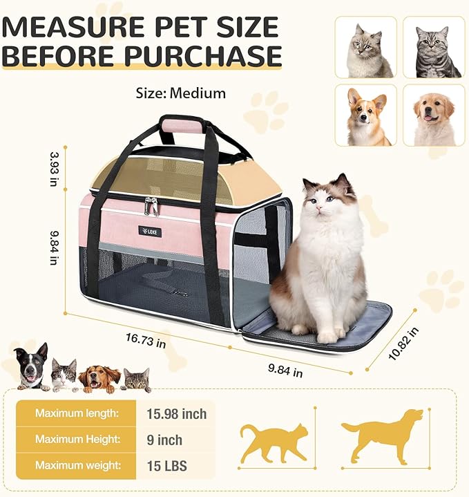 Lekereise Top-Expandable Pet Carrier - TSA Airline Approved Soft Sided Underseat Up to 15lbs Travel Carriers for Small Cats and Dogs with Locking Safety Zippers Anti-Scratch Mesh Pink