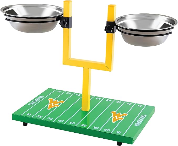 NCAA West Virginia Mountaineers Goalpost Football Field Dog Feeder – Adjustable Elevated Dog Bowls with Stand, 2 Stainless Steel Bowls, Non-Slip Rubber Feet, Raised Pet Feeder for Large & Small Dogs