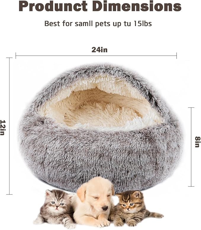 Cat Bed Calming Cat Beds,Indoor Washable Cat Bed,Anti-Slip Faux Fur Fluffy Cuddler Anxiety Cat Bed,Warming Cuddler Cushion Bed for Small Medium Dogs and Cats (Khaki, 24 * 24inch)