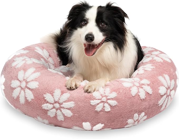 Donut Dog Beds for Medium Dogs, Calming Round Cat Beds for Indoor Cats, Cute 3D Textured Flower Pet Bed with Removable Washable Cover and Anti-Slip Bottom(Pink,30")