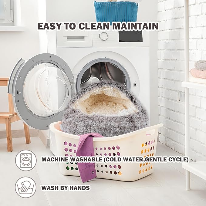 Cat Bed Calming Cat Beds,Indoor Washable Cat Bed,Anti-Slip Faux Fur Fluffy Cuddler Anxiety Cat Bed,Warming Cuddler Cushion Bed for Small Medium Dogs and Cats (Khaki, 24 * 24inch)