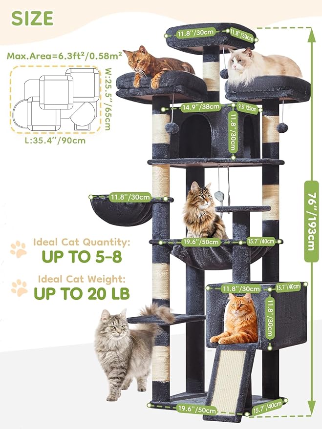 Taoqimiao 76-Inch Cat Tree with Scratching Posts,XXL Cat Tower for Large Cats with Cat Scratching Board,Extra-Large Metal Hammock,3 Perches, 2 Big Condos, Hanging Basket,MS047G,Smoke Gray