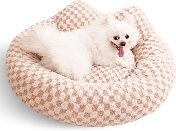 Round Dog Bed for Medium Dogs & Cats -Washable Dount Cute Cat Bed for Indoor Cats, Orthopedic Sherpa Fleece Soft Cozy Calming Pet Bed with Removable Zipper Cover (Khaki Check, (30x30x8inches))