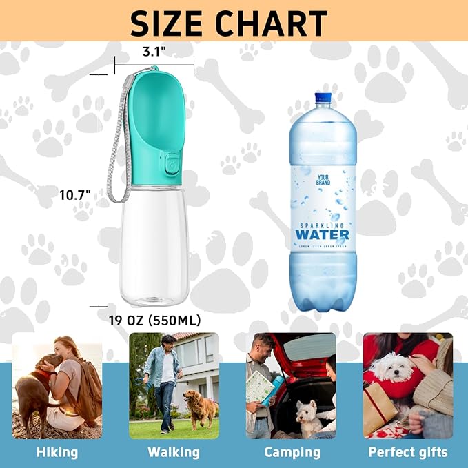 Portable Dog Water Bottle with Bowl, Leak Proof, Convenient for Walking, Hiking and Camping (Blue, 19oz)