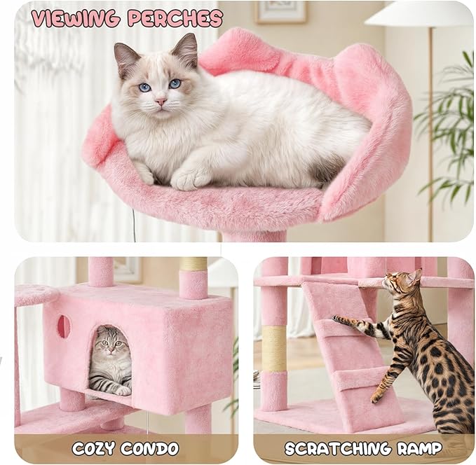 MoNiBloom 60 Inch Cat Tree Tower for Indoor Cats Large Adults, Pink Cat Tower with Scratching Post, Multi-Level Furniture Activity Center with Cat Condo Pet Play House, Soft Pink
