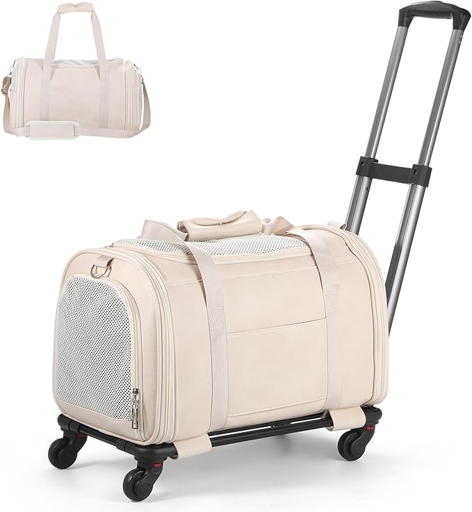 Leather Pet Carrier with Wheels, Airline Approved Travel Bag for Small Dogs & Cats Under 15 lbs, Rolling Pet Carrier for Airplane, Camping & Outdoor White