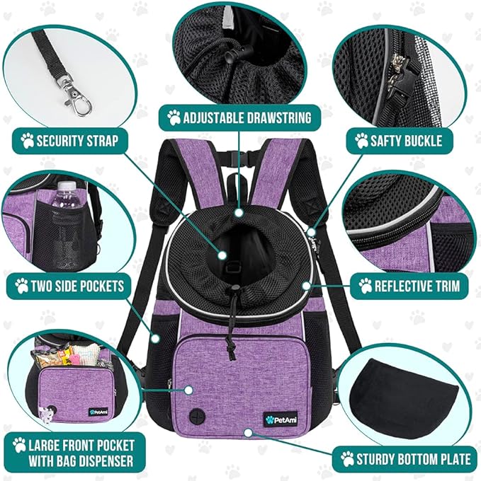 PetAmi Adjustable Cat & Dog Chest Carrier Backpack, Ventilated for Hiking & Camping, Max 15 lbs, Purple