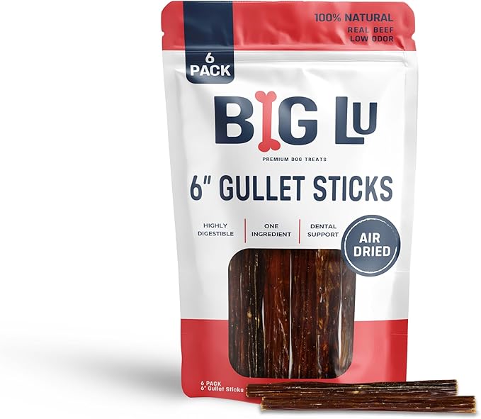 Big Lu - 6-Inch Jerky Gullet Sticks, 6 Count, All-Natural Beef Dog Chews, Grass-Fed, Free-Range, Digestible Treats with Glucosamine and Chondroitin for Joint Health, Dogs
