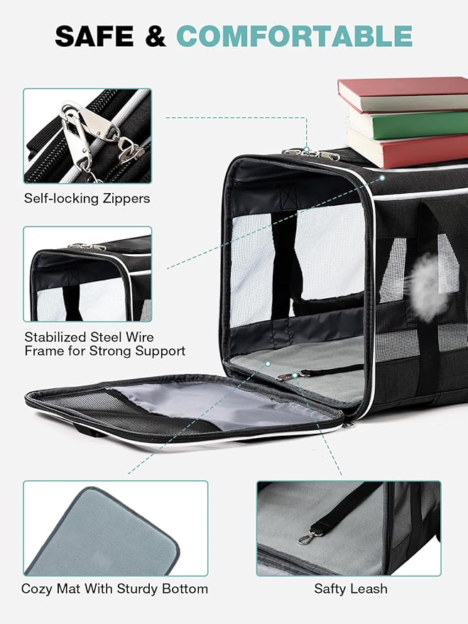 Cat Dog Carrier with Wheels Rolling Pet Carrier with Telescopic Handle, Shoulder Strap and Pet Bowl, Black