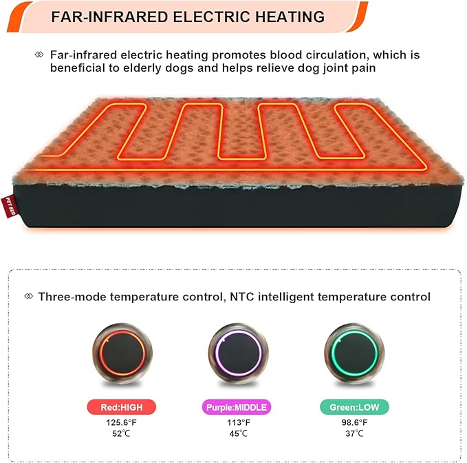 Heated Dog Bed with12V~24V Safe Voltage, Electric Heating Arthritis Orthopedic Dog Bed with Thickened Memory Foam, Heated Pet Bed with Waterproof Cover for Medium Dogs, Large Dogs (Large)