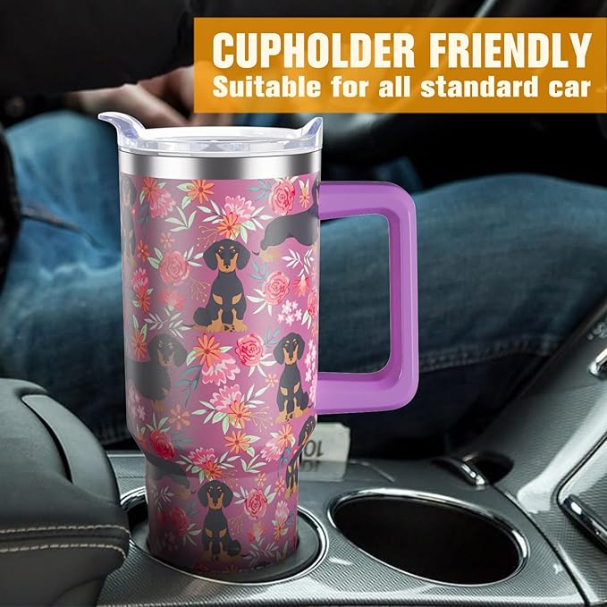Dachshund Gifts for Women Dog Lovers 40 oz Floral Weiner Dog Tumblers with Handle and Straw, Stainless Steel Vacuum Insulated Travel Coffee Mug Cup Water Bottle