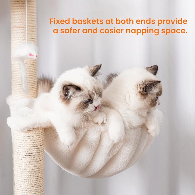 Heybly Wood Cat Tree for Indoor Cats, Cat Condo for Large Cats with Self Groomer, Modern Cat Scratching Tower with Basket, Hammock, Dangling Ball and Leaves, Rustic Gray HCT120SG