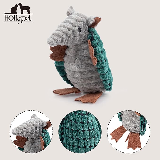 Hollypet Plush Dog Squeaky Toy Stuffed Armadillo Animal Pet Puppy Chew Toys with Clean Teeth for Small Medium Large All Breed Sizes Dogs, Deep Green, 6 in