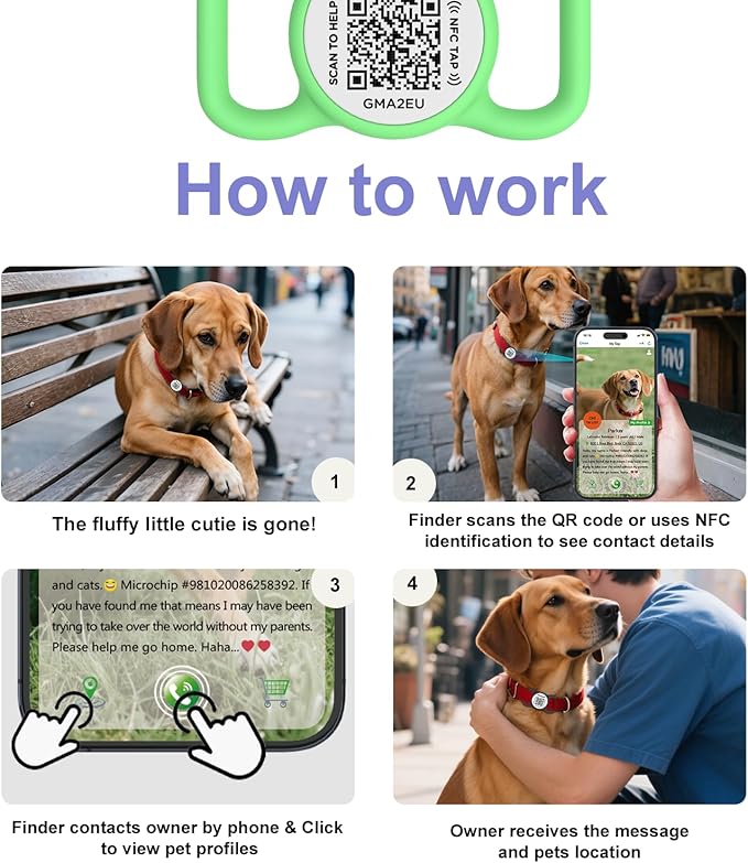 QR Code Dog Tag with NFC, Personalized Pet ID Tag, Silent Silicone Dog ID Tag, Modifiable Pet Online Profile, Multiple Emergency Contact, Scan QR Code Send GPS Location Email (Small Green)