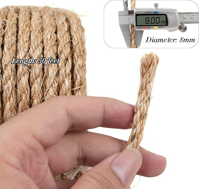 Sisal Rope for Cat Scratcher 3/10 Inch 50 Feet Cat Tree Rope Replacement Natural Hemp Rope, Thick Cat Scratching Post Rope for Indoor/Outdoor, Repairing, Recovering, DIY Scratcher (Brown)